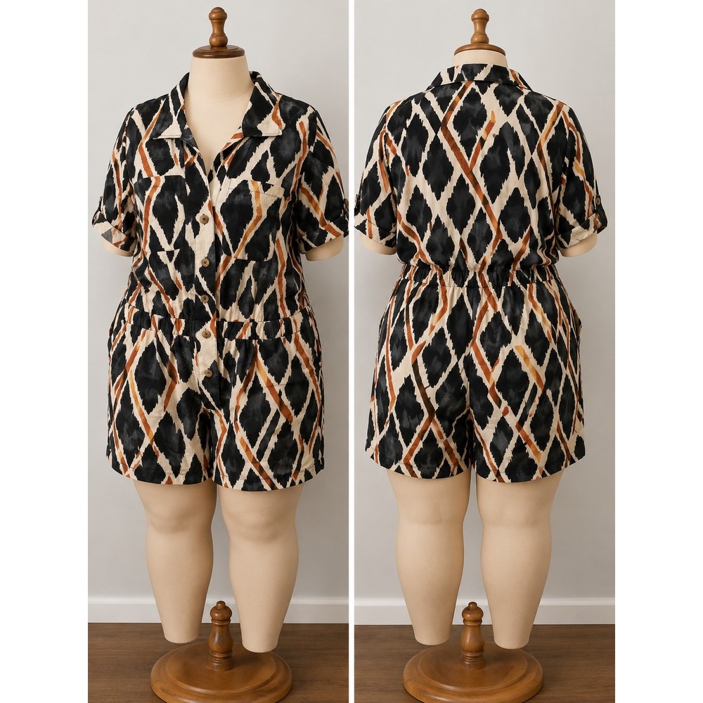 Ashley Stewart Romper 18/20 NWT Linen Blend Ikat Print Button Front Plus Size